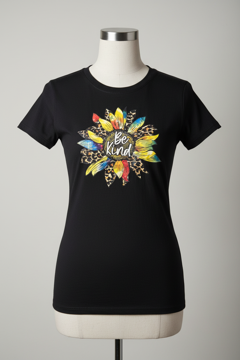 Be Kind Sunflower T-shirt on headless torso mannequin