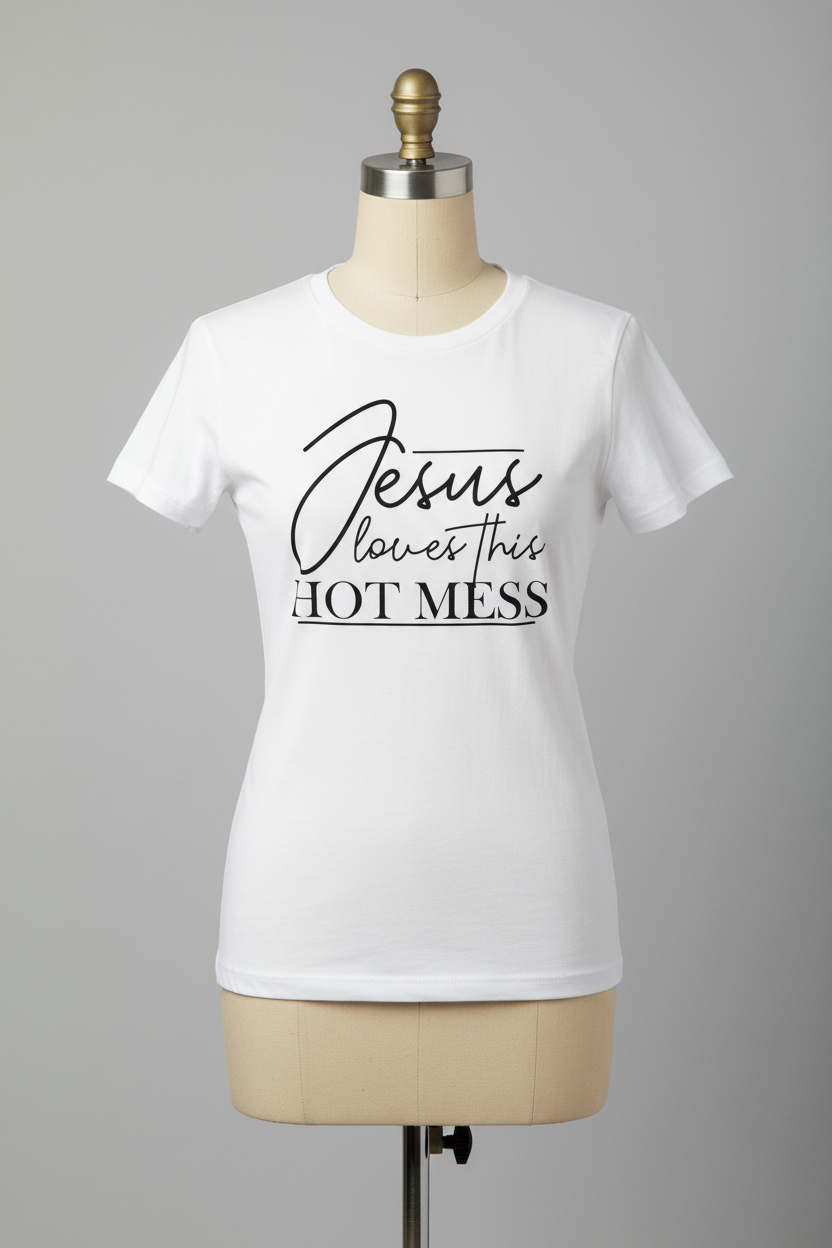 Jesus Loves This Hot Mess T-shirt on headless torso