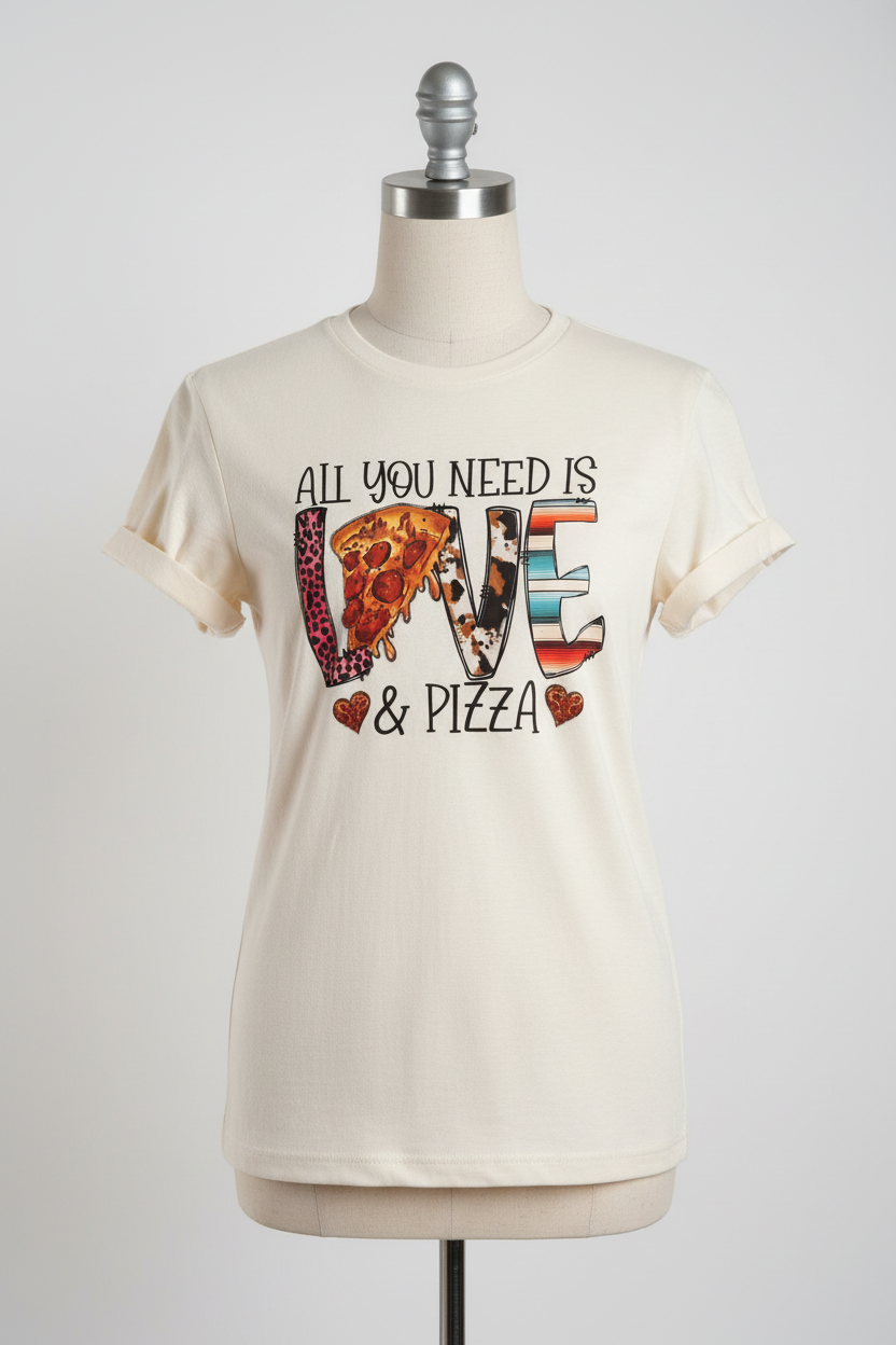 Love and Pizza T-shirt on mannequin