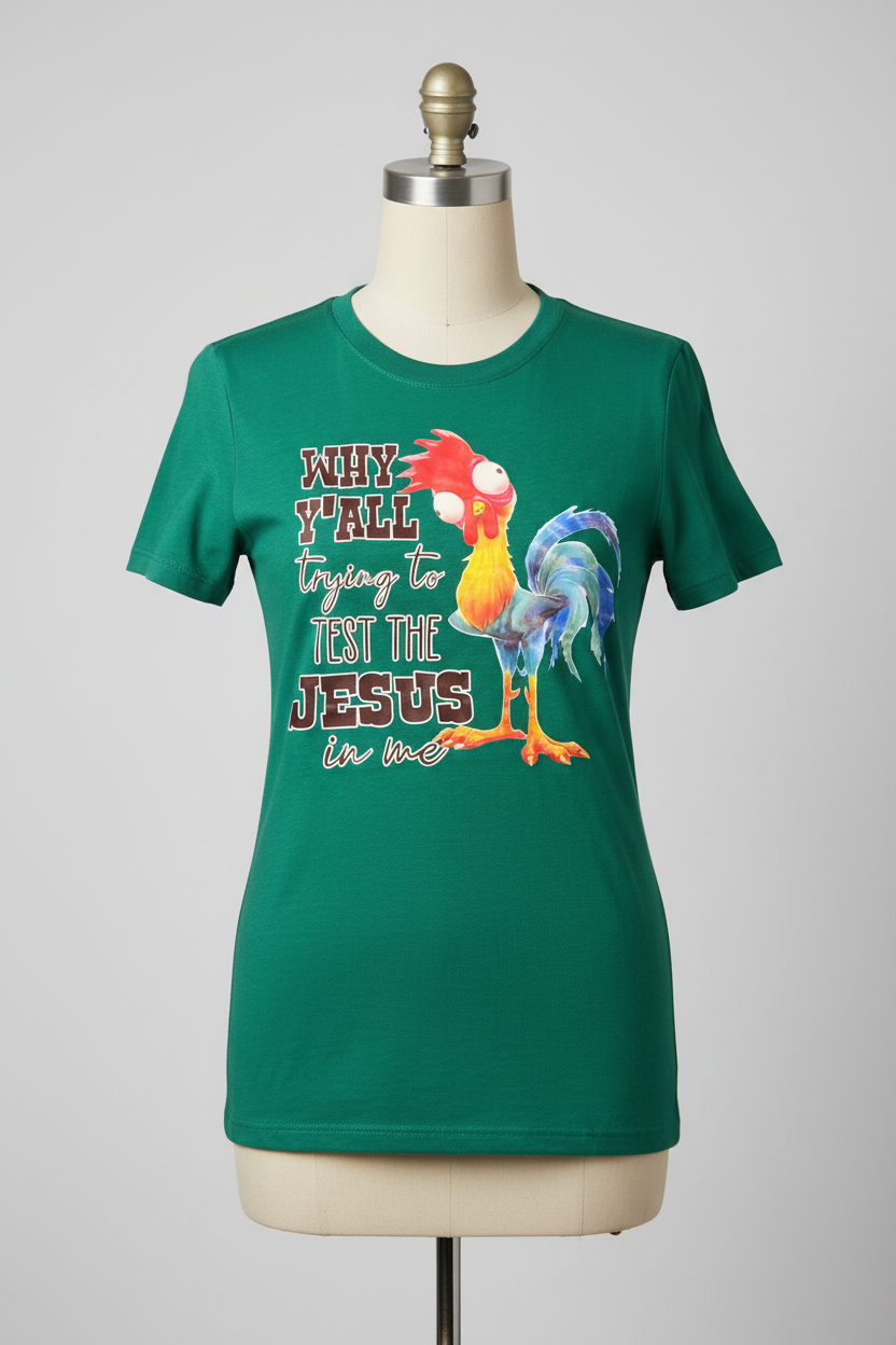 Test The Jesus Rooster T-shirt on headless torso